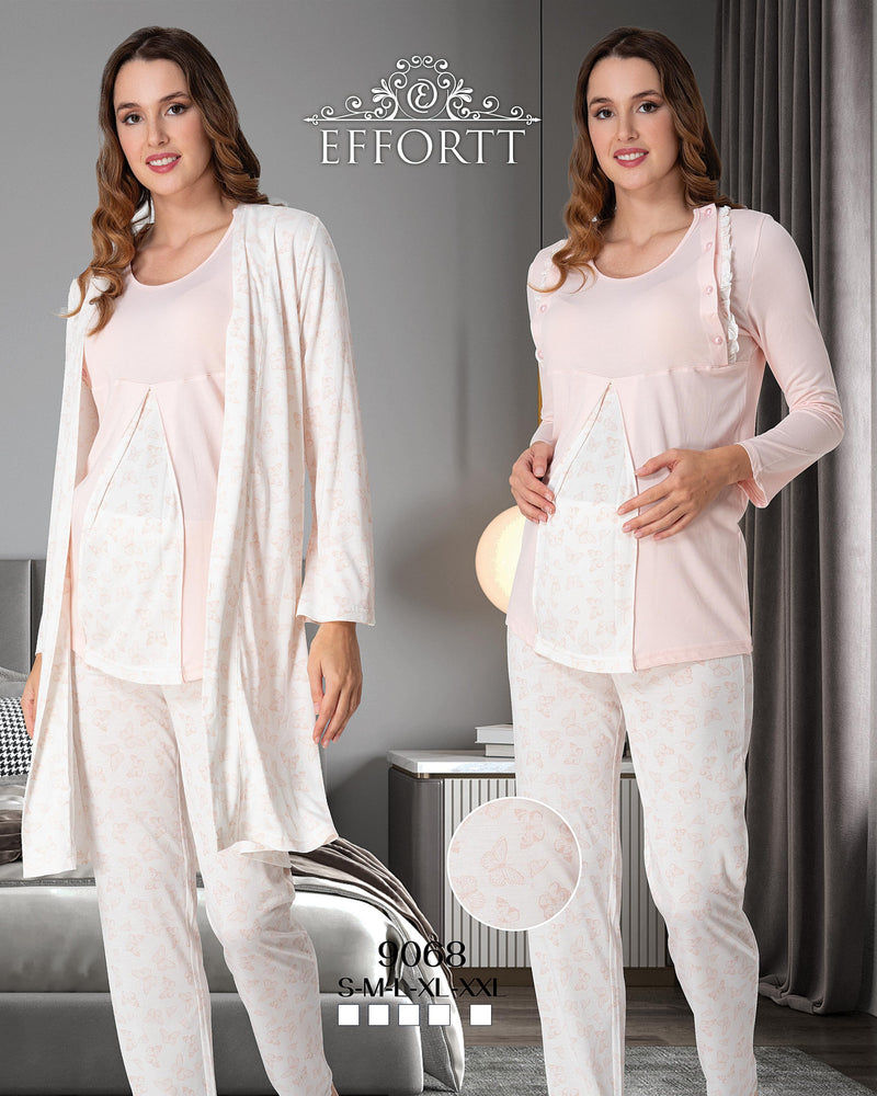 Salmon Butterfly Detailed Maternity Nursing Pajamas Set with Robe