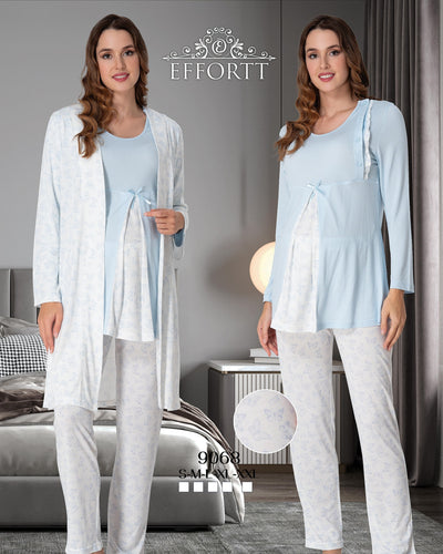 Blue Butterfly Detailed Maternity Nursing Pajamas Set with Robe